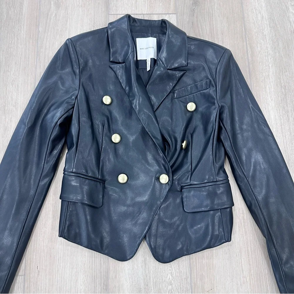 Avec Les Filles faux leather motorcycle jacket blazer black gold button XS - Picture 3 of 9